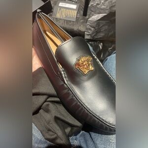 Versace Elegant Black Loafers with Gold Emblem